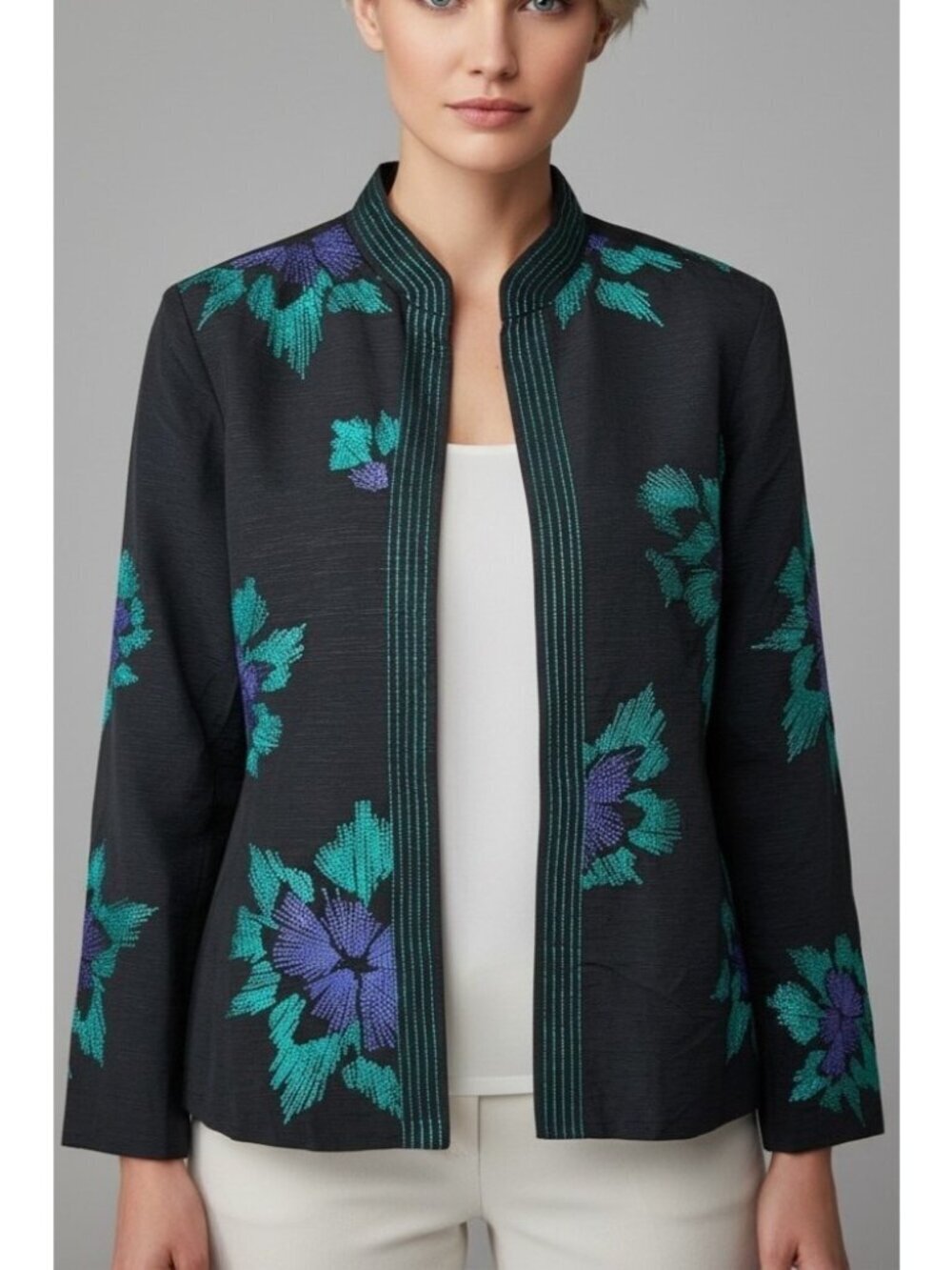 Vintage Birch Hill Black Raw Silk Embroidered Floral Jacket Teal Purple XL